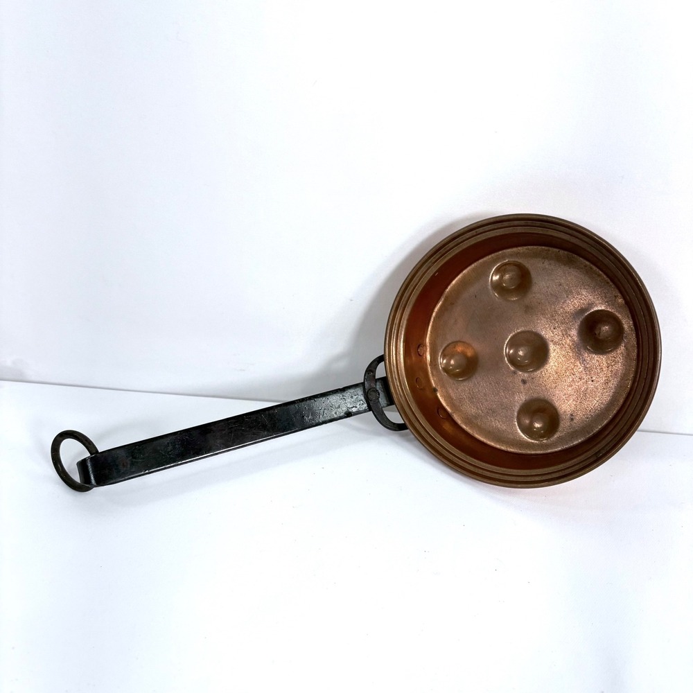 Vintage Copper Egg Poacher Pan Brown Hand Forged Iron Handle 5 Hole Primitive